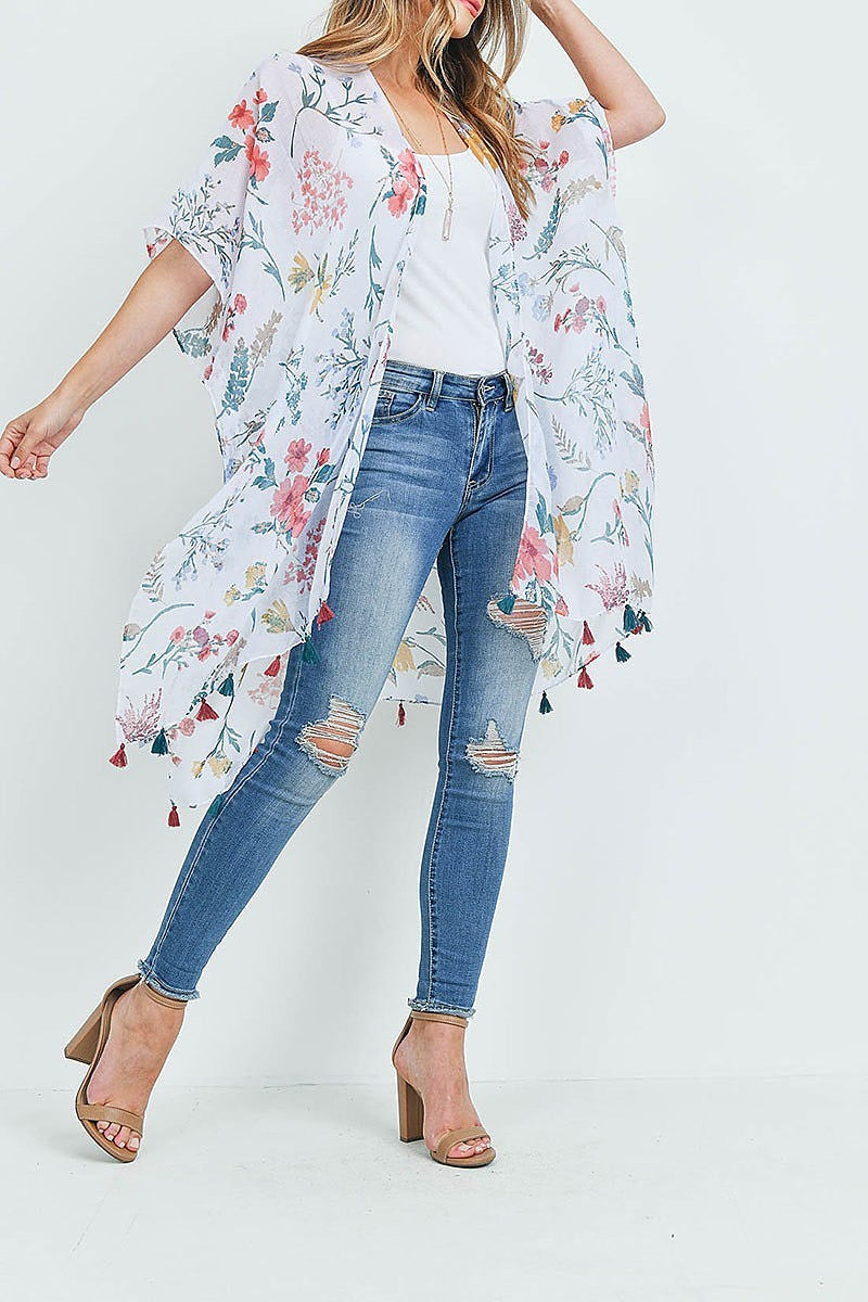 Floral print open front tassel kimono (EF1113)