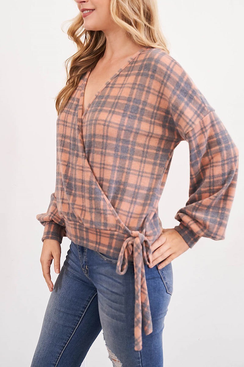 Surplice neckline ribbon tie plaid top (EF2464)