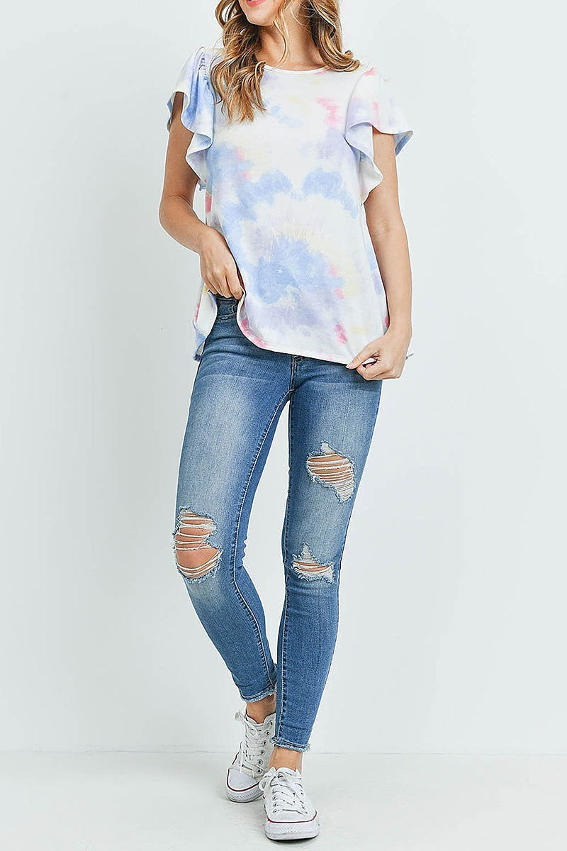 Tie dye flutter sleeve round neck top (ED9626)