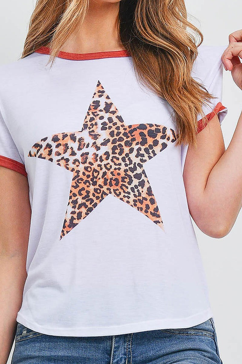 Star leopard print round neck top (EF3061)