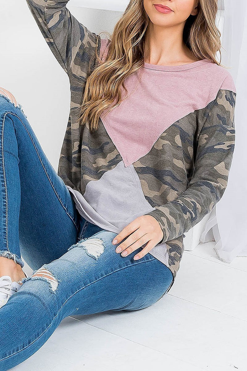 Camo print raw cut color block top (EF2438)