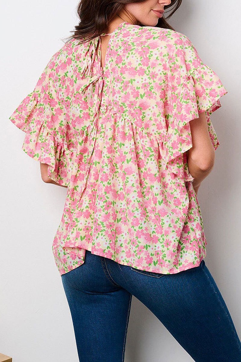 Short sleeve v-neck lace up back floral tunic top (EFWT8951)