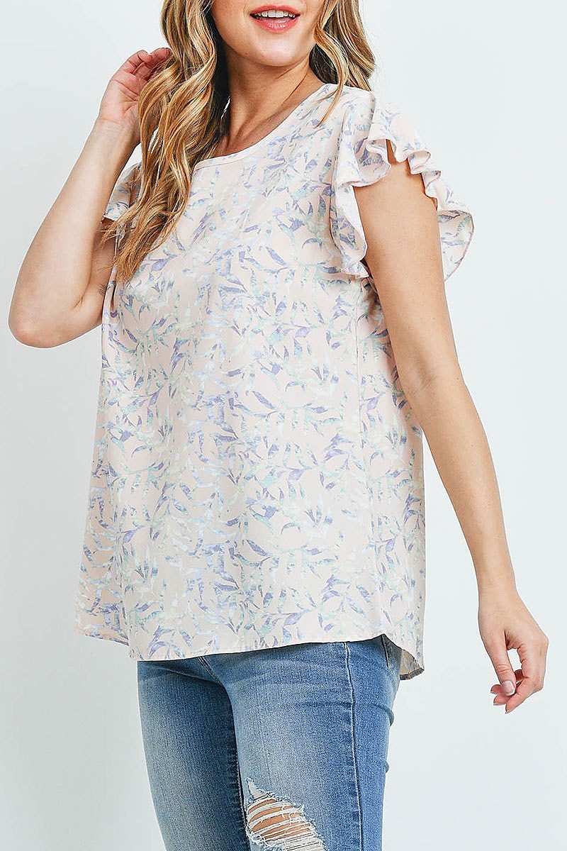 Flutter sleeve round neck floral top (ED9249)