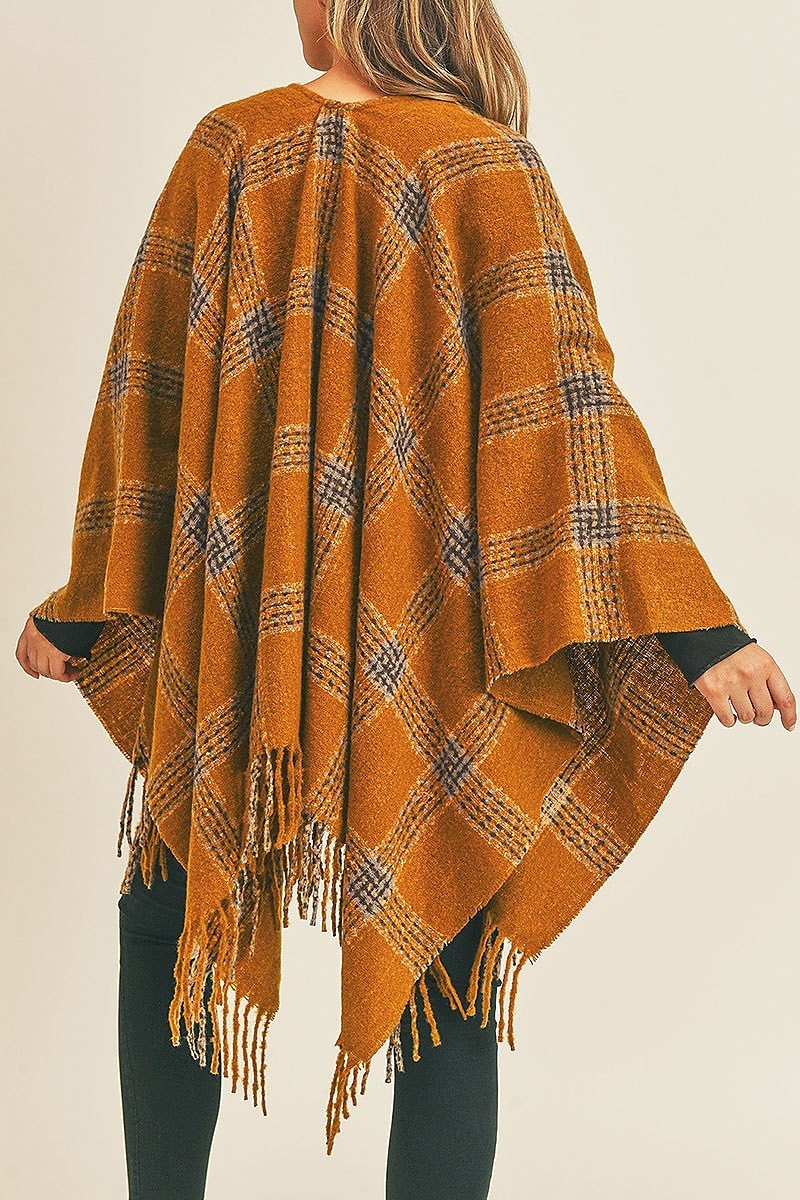 Fringe detail plaid pattern ruana kimono (DGS5732)