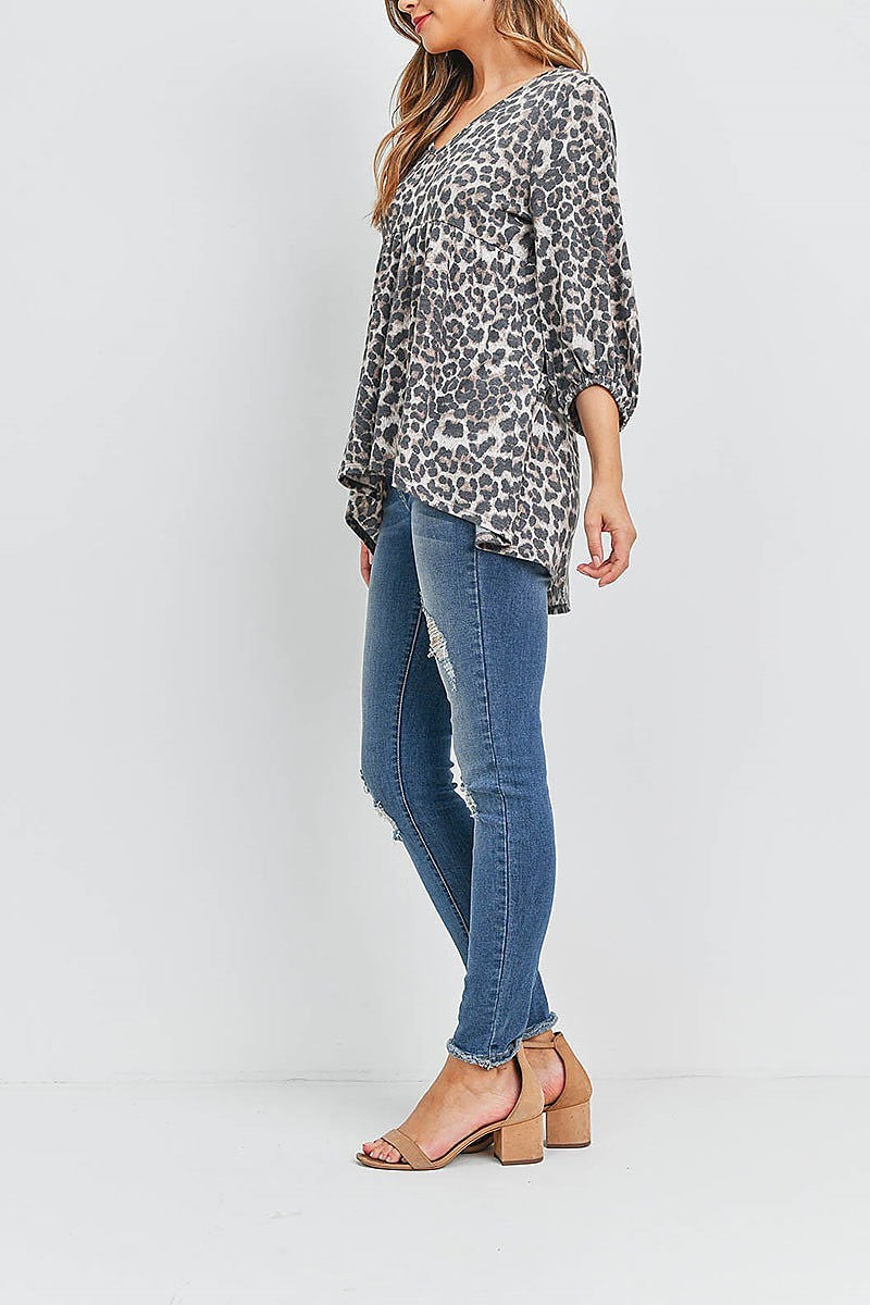 Quarter sleeve v neck leopard hi low top (EF1858)