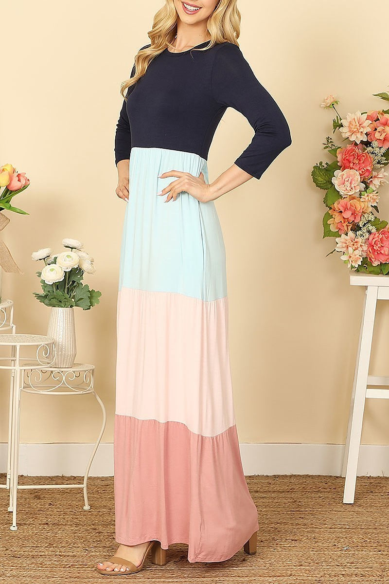 Quarter sleeve color block maxi dress (DED9453)