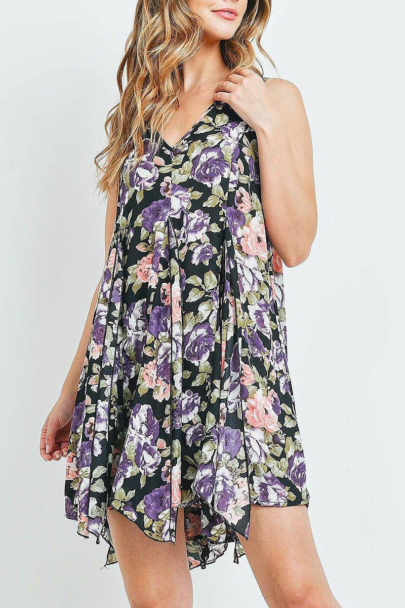 V neck floral print asymmetrical hem flare dress (DED6157)