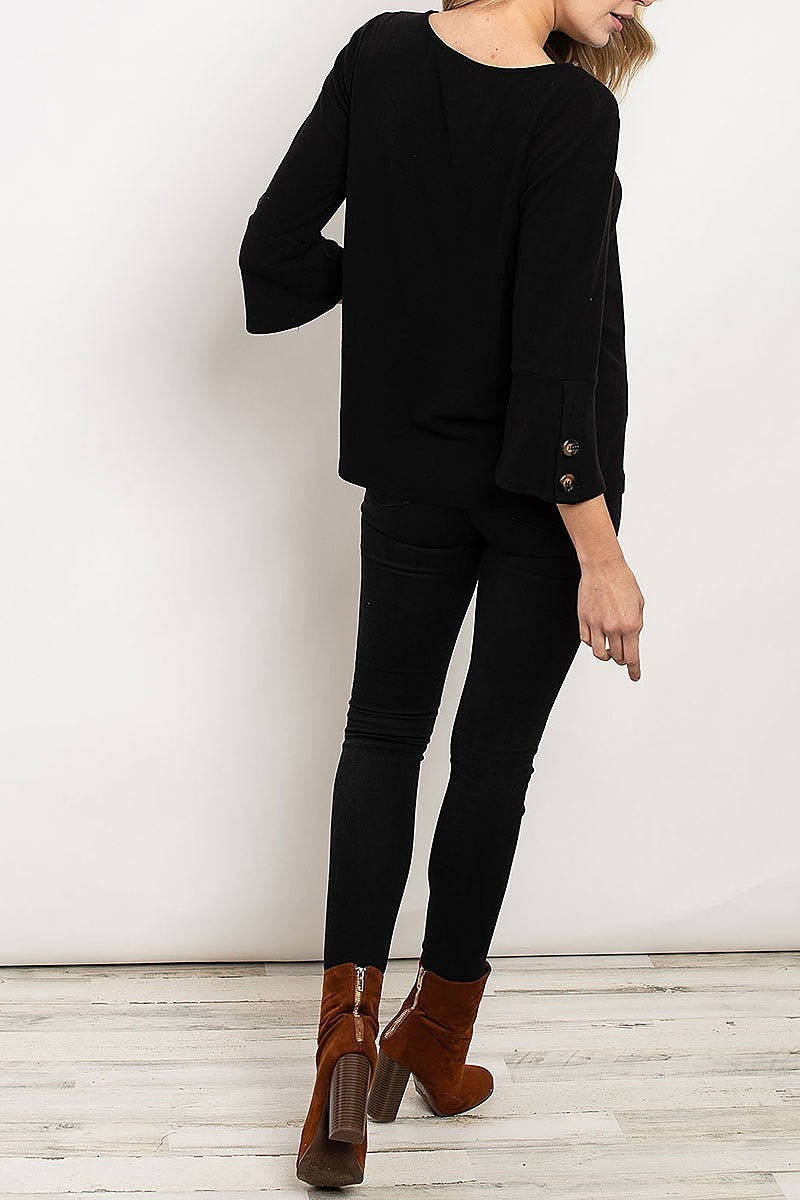 Button trimmed bell sleeve round neck top (ED7939)