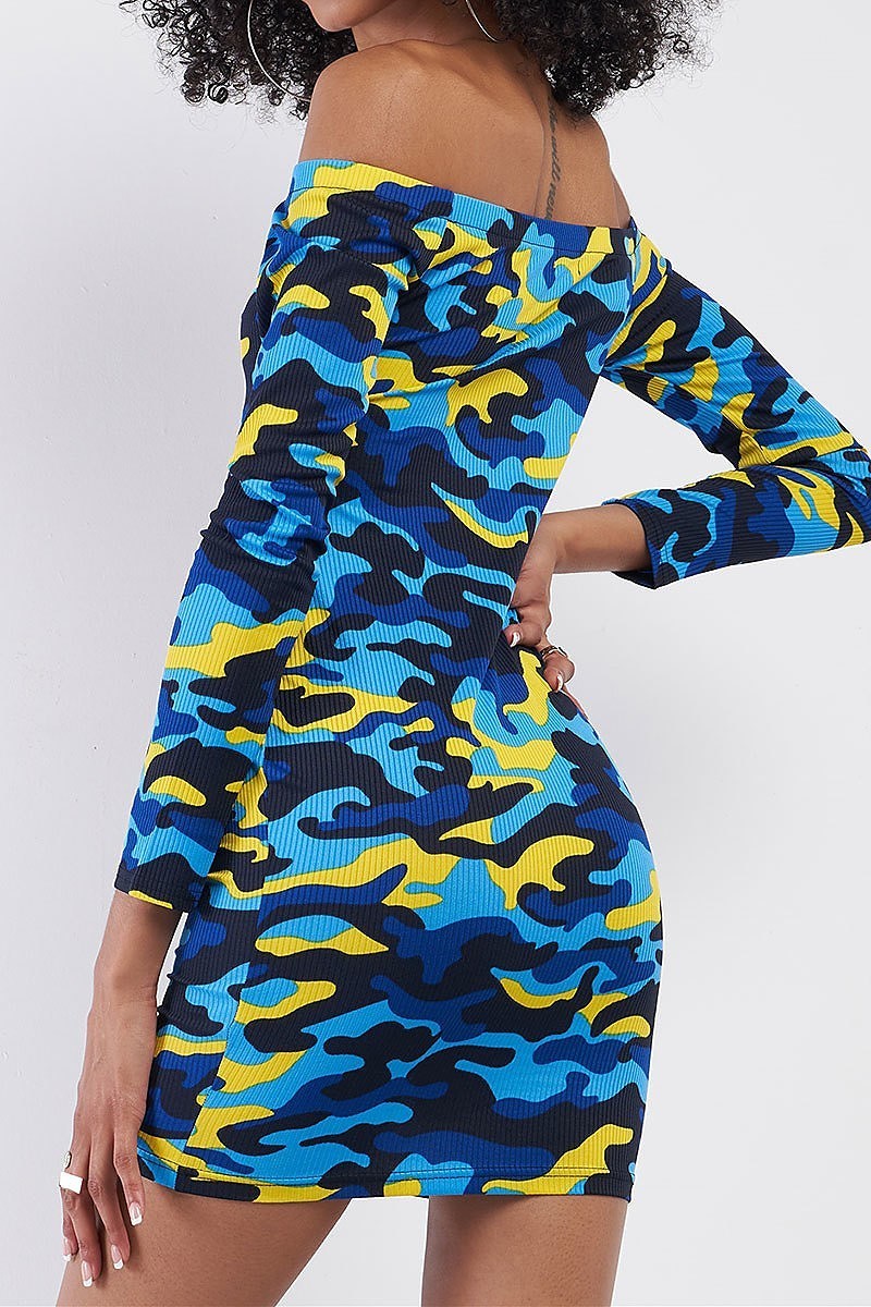 Off shoulder bottom front camo body con dress (TDG7673)