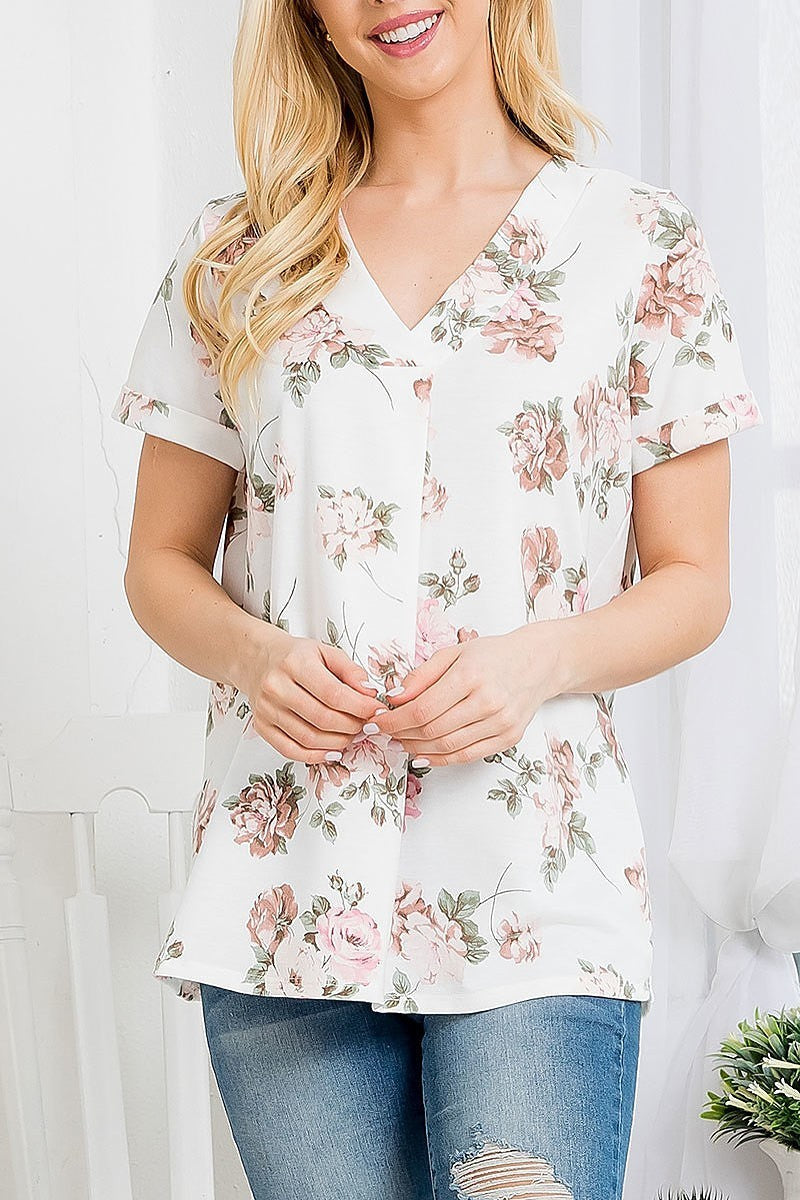 V neck short sleeve floral top (EF3440)