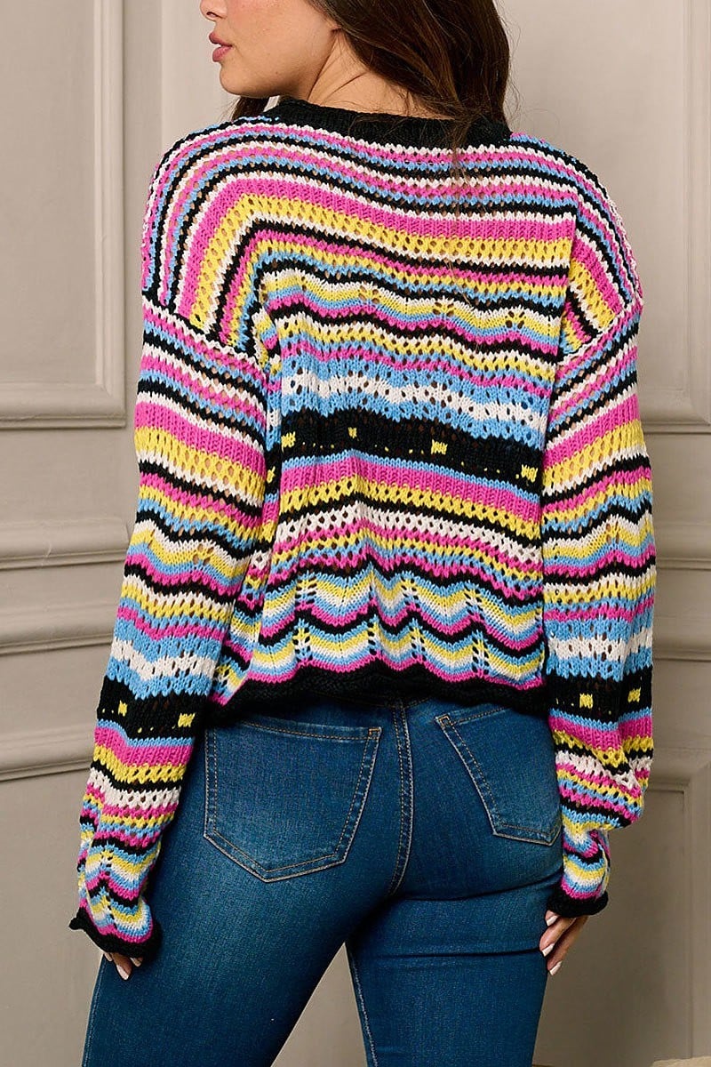 Long bell sleeve multi color stripes top (EFWT5954)