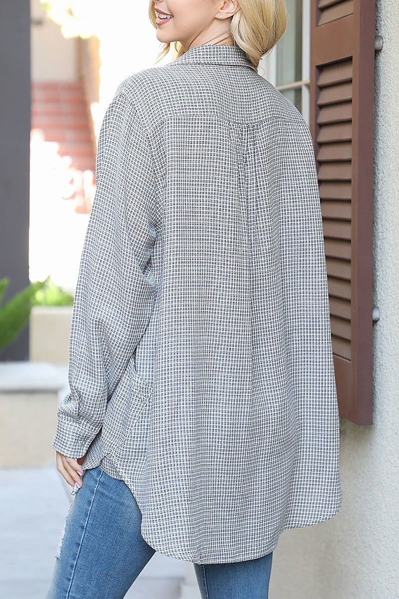 Button detail long sleeve plaid top (EF6957)