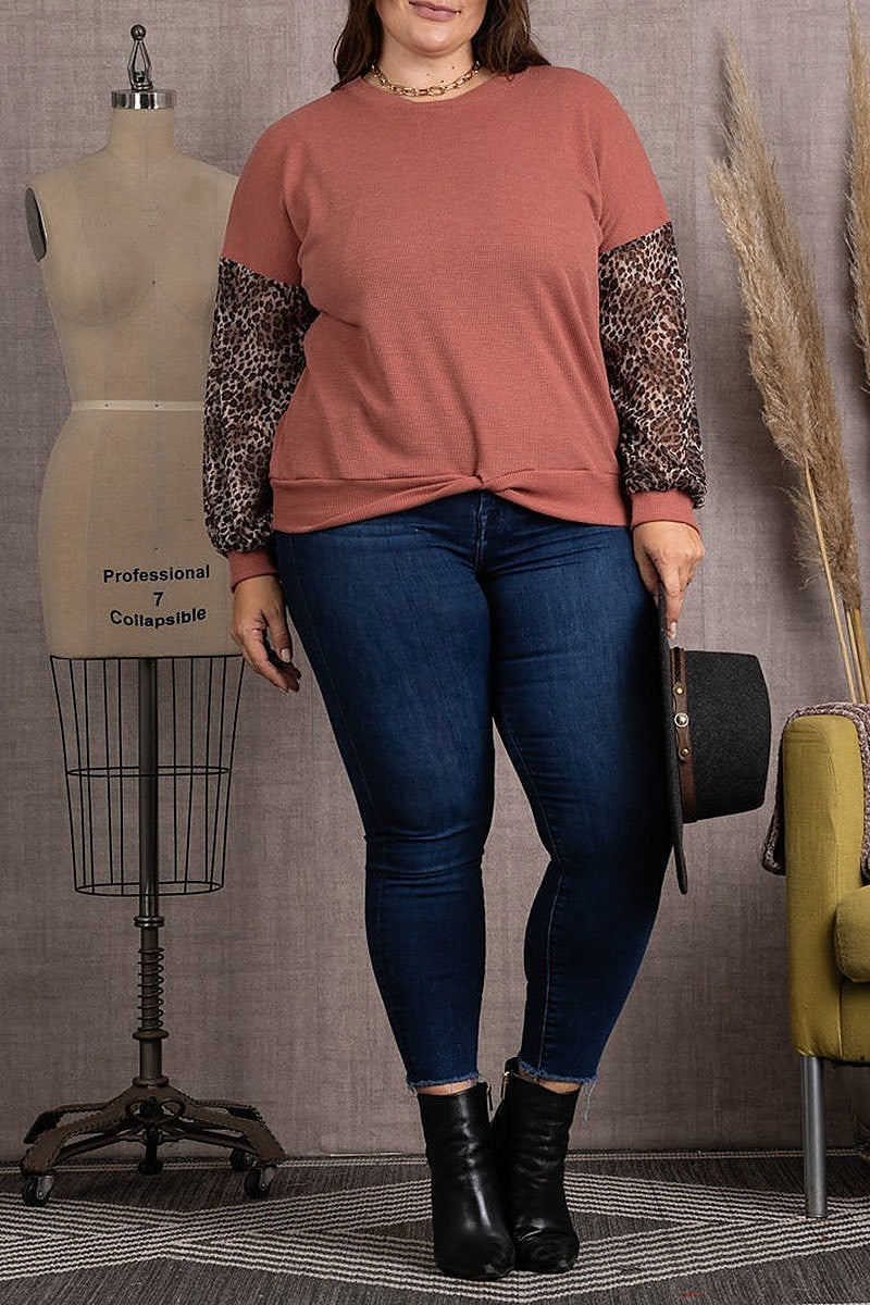 Animal print rib stitch contrast plus size top (EDSW3692)