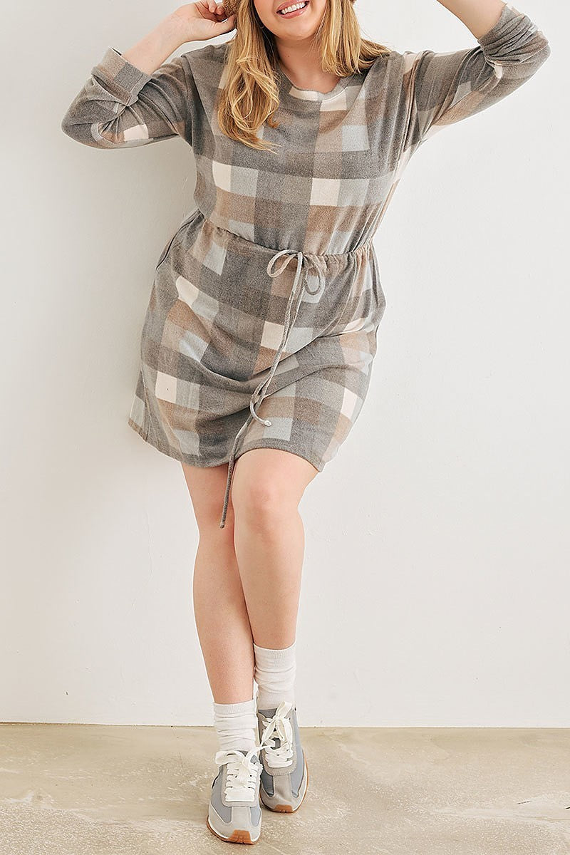 Plaid elastic waist ling sleeve mini dress (TED2098)