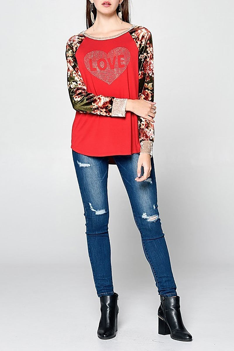 Love print floral sleeve top (EF5119)