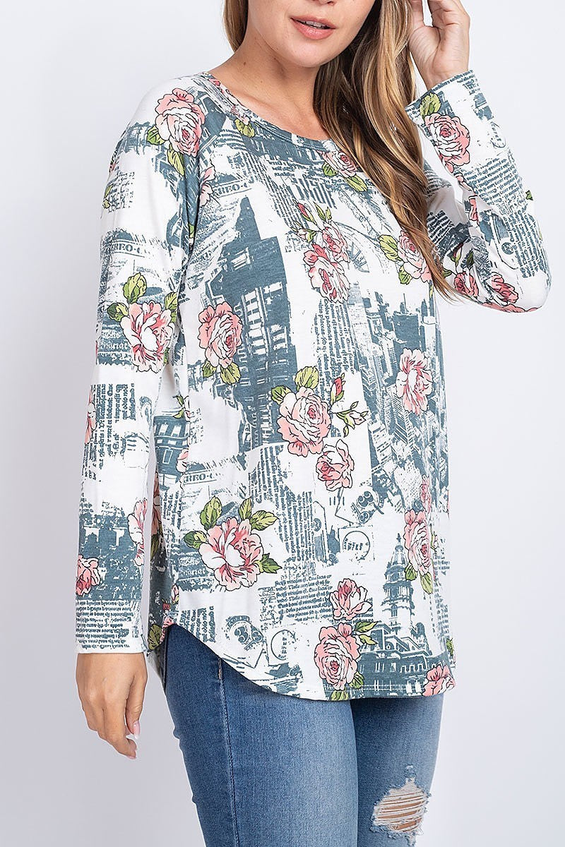 Floral newspaper print round neck top (EF1883)