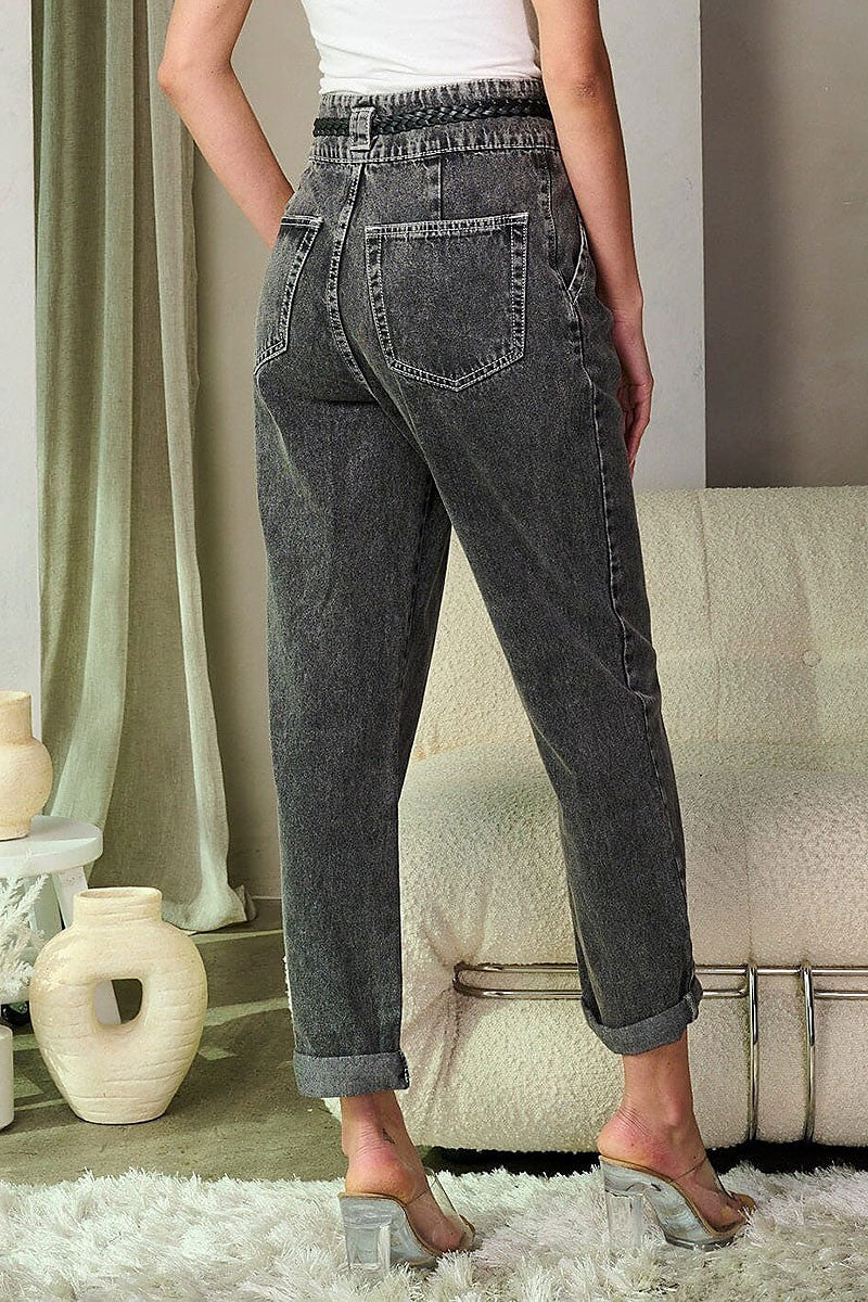 Button closure high waist belted denim pants (EFWT9311-1)