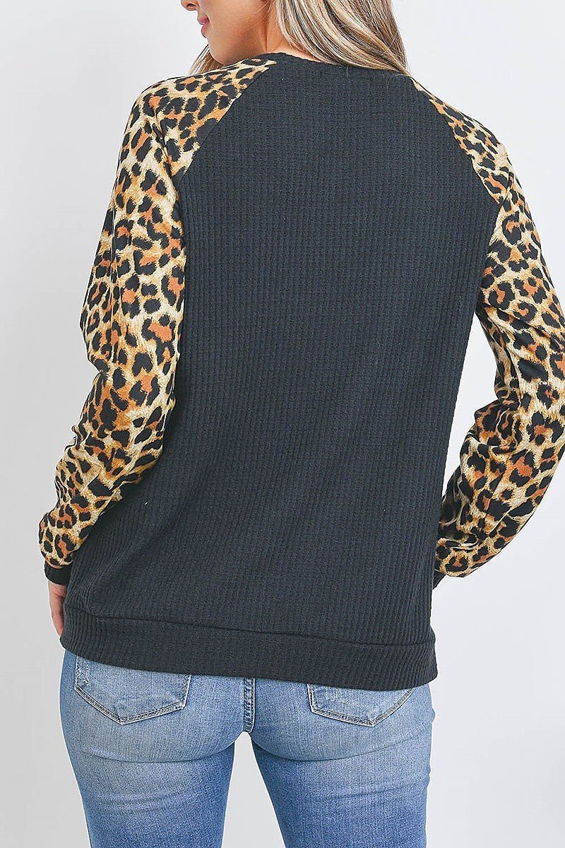 Leopard raglan sleeve knit waffle top (EF2695)