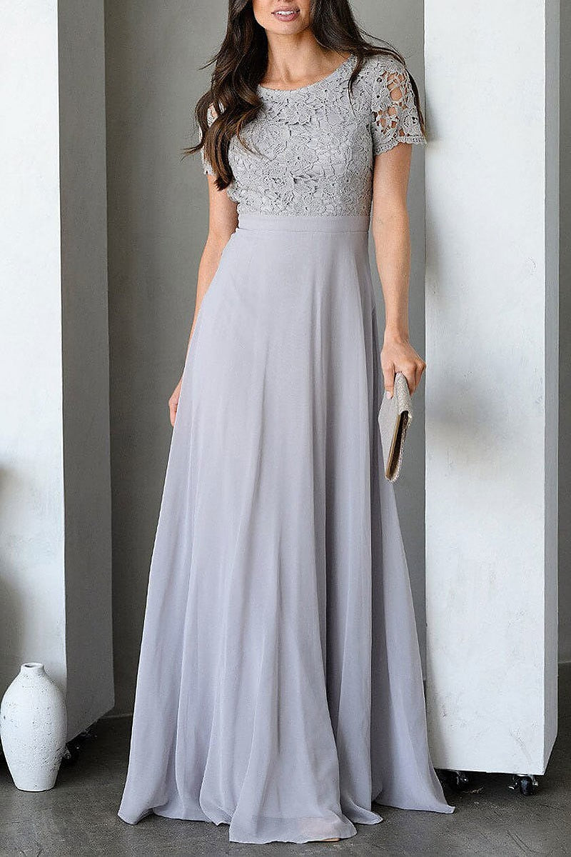 Short sleeve lace detailed open back gown maxi dress (EDWT9316)