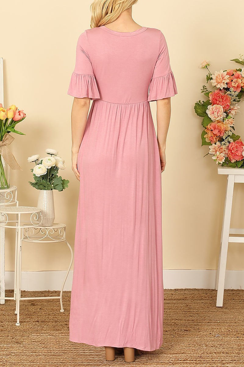 V-neck button detail side pocket solid maxi dress (DED9441)