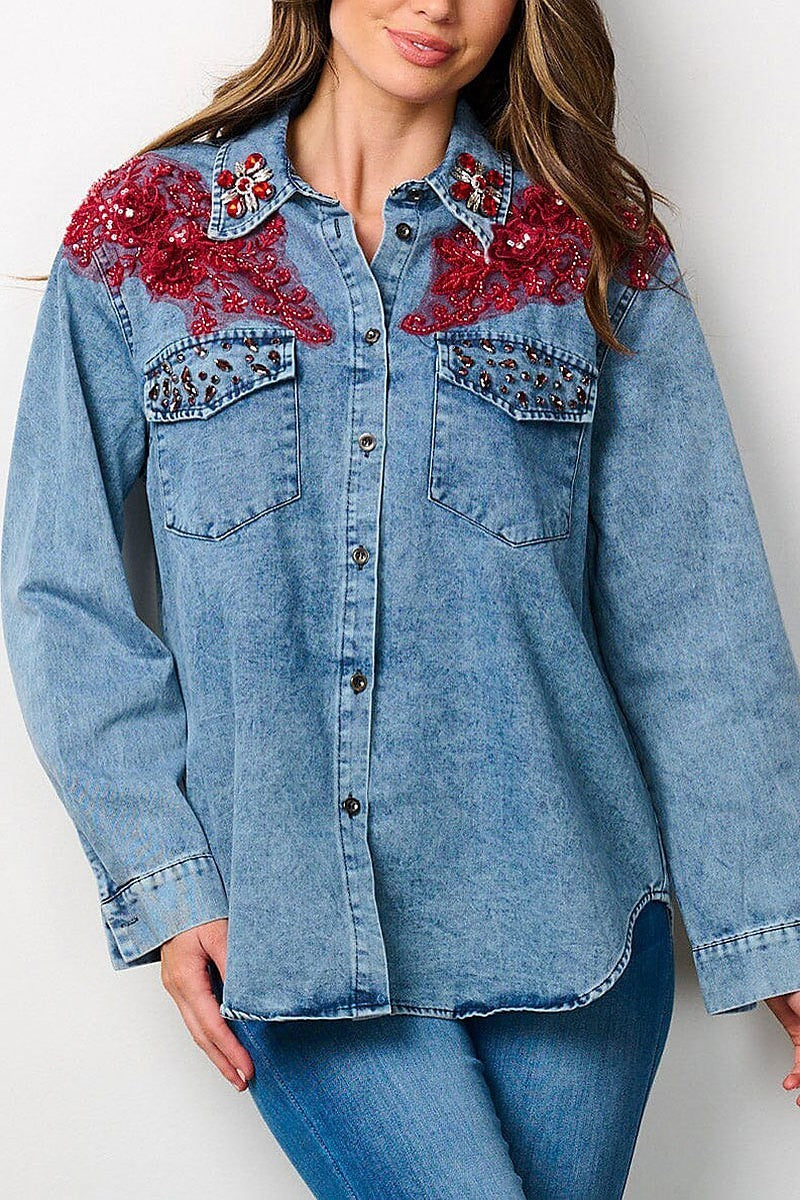 Button up floral embroidery studs detail denim top (EFWT7747)