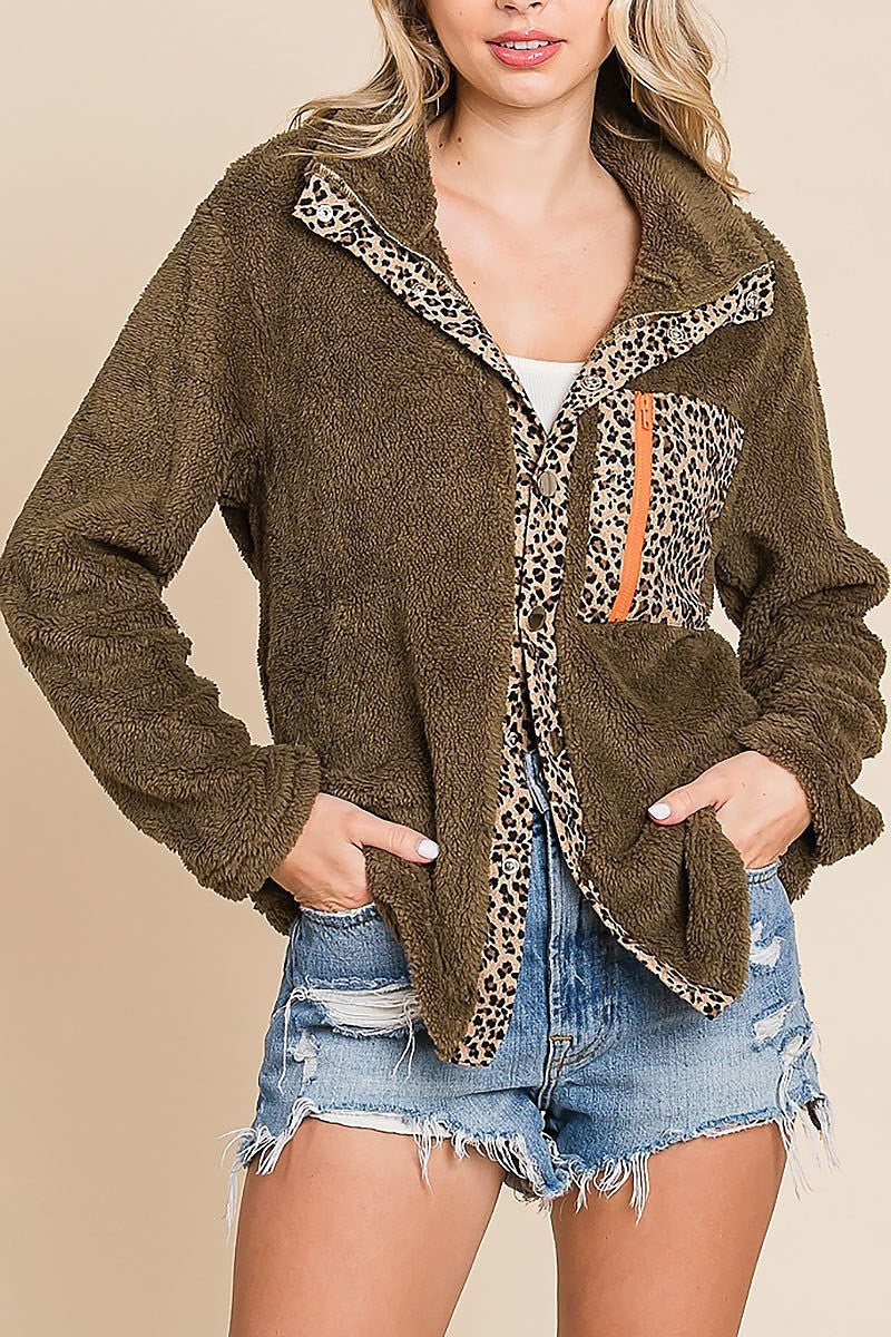 Faux fur buttoned down jacket with leopard placket (EDH1875-1)