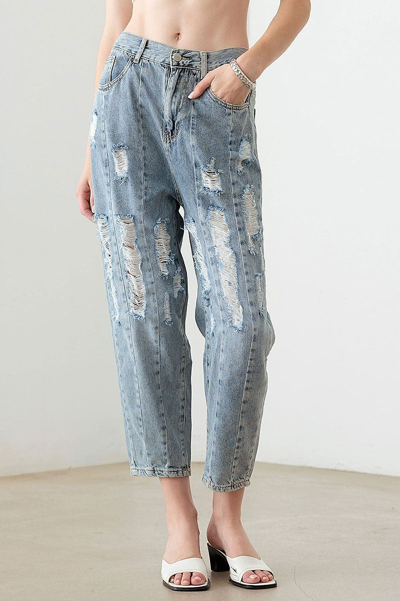 Barrel leg high waist distressed pants (TED2967)