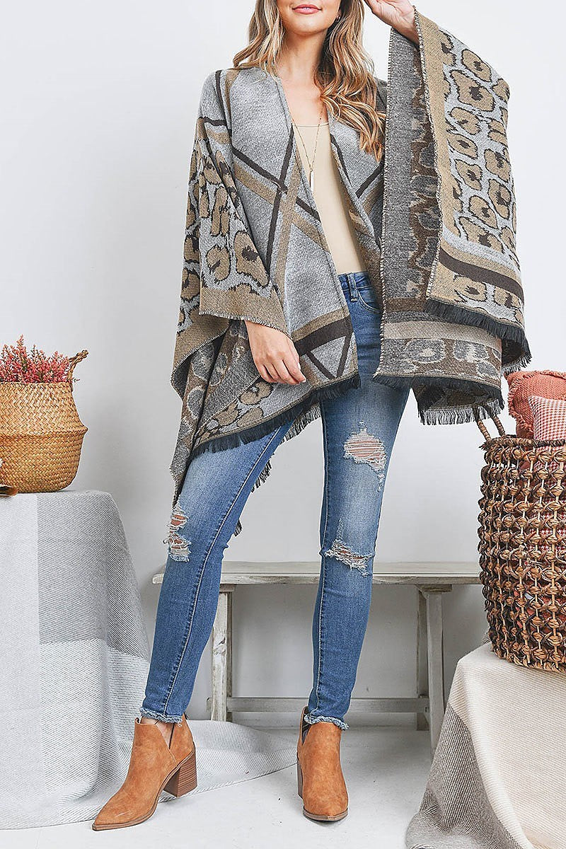 Open front leopard line pattern fringe ruana wrap kimono (DGS5518)