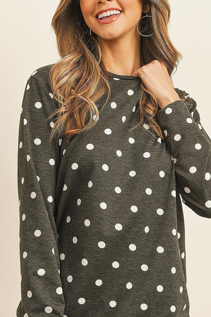 Fleeced polka dot print long sleeved pullover top (EF2654)