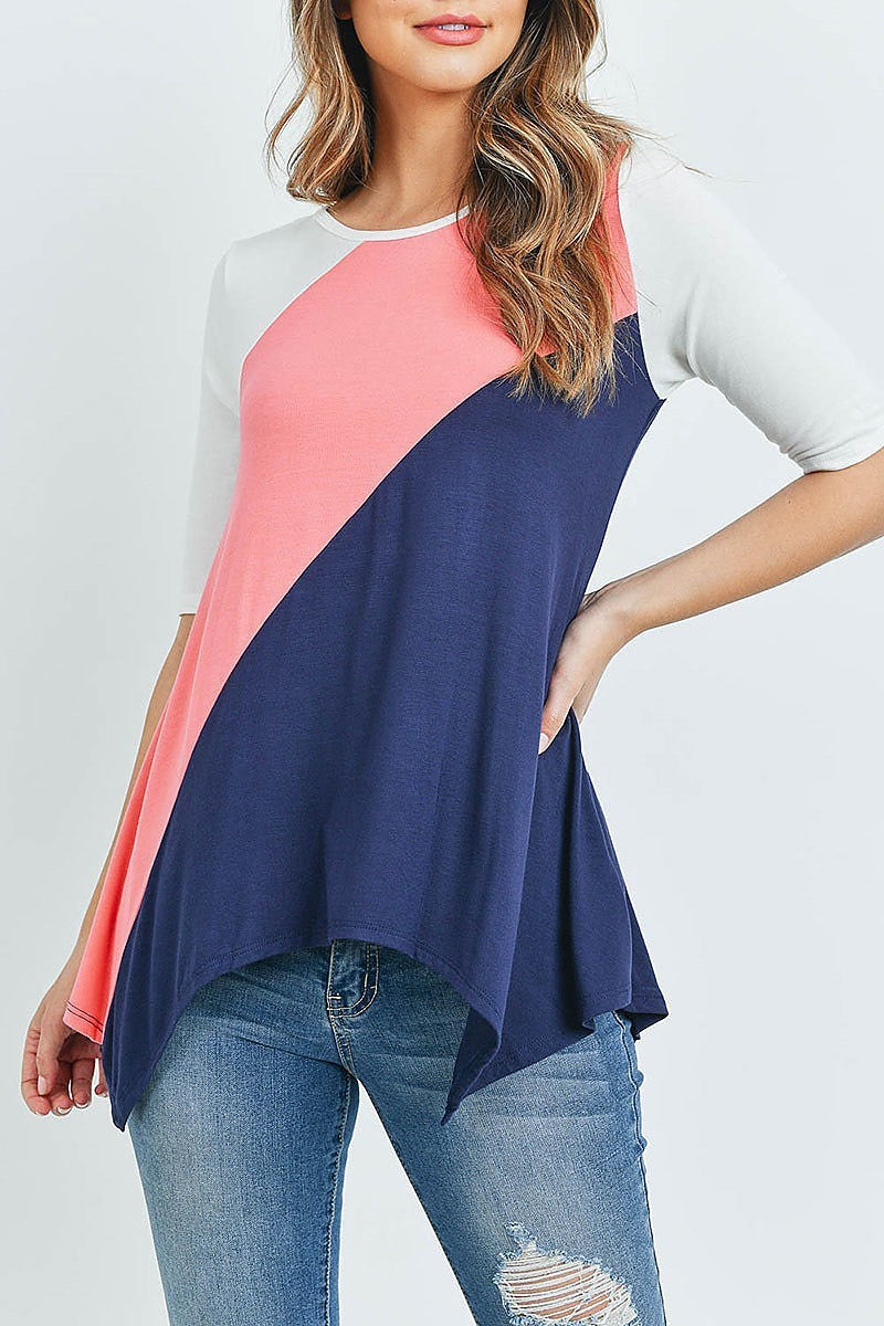 Shark bite hem color block top (ED8551-1)