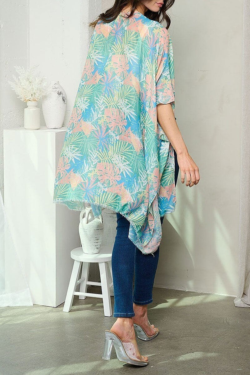 Short sleeve open front leaf print kimono (EGWT1037)