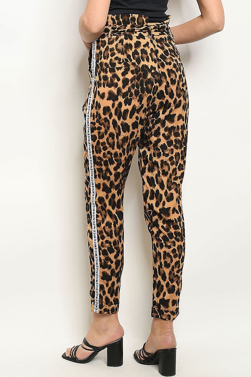 Animal print letter contrast waist tie slim pants (DGB2831)