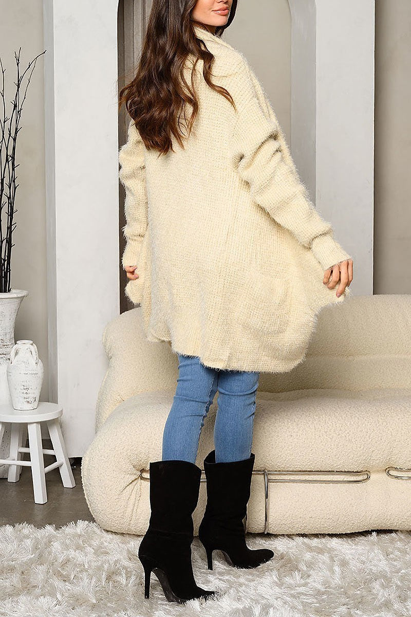 Long sleeve knit front pockets open cardigan (EDWT8153-LAST)