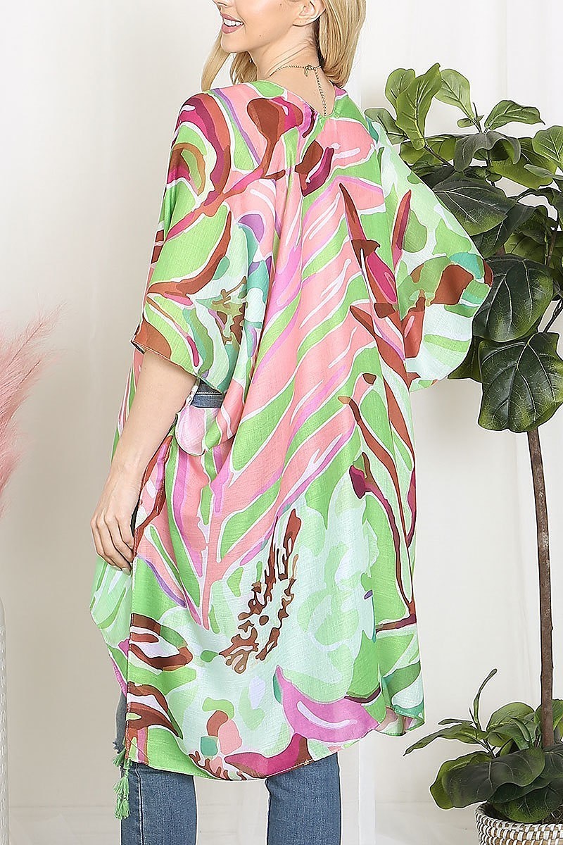 Abstract tropical print tassel open front kimono (EF5600)