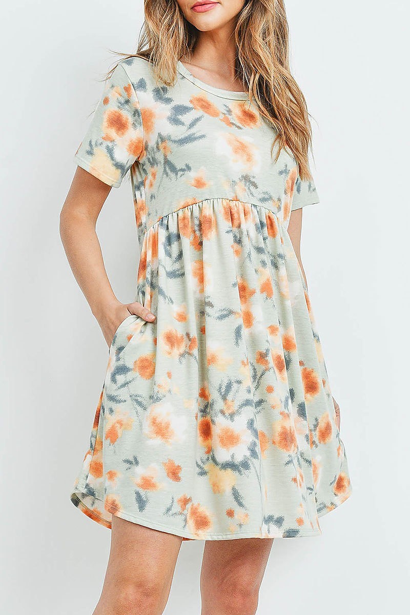 Painterly floral print short sleeves dress (DED6047)