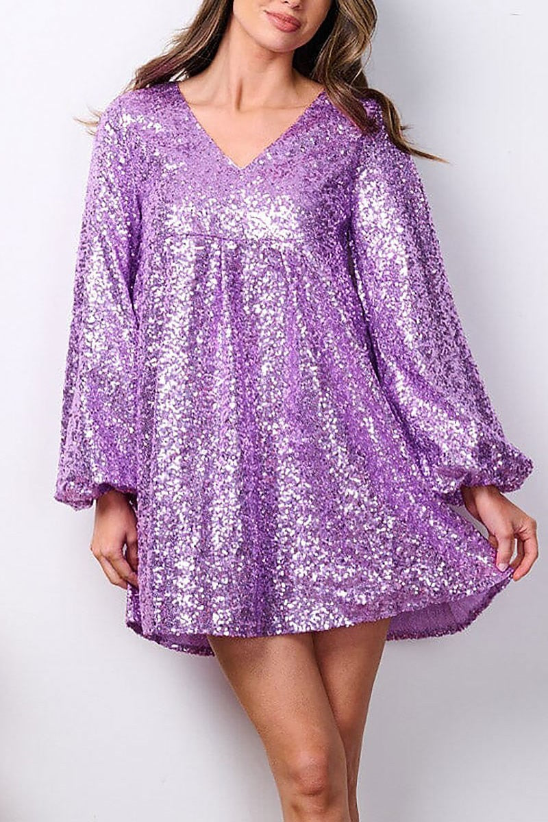 Long sleeve v-neck tunic sequins mini dress (EFWT7578)