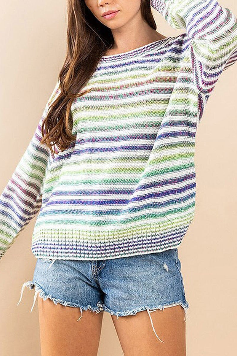 Long sleeve multi color stripes sweater (EFWT6252)