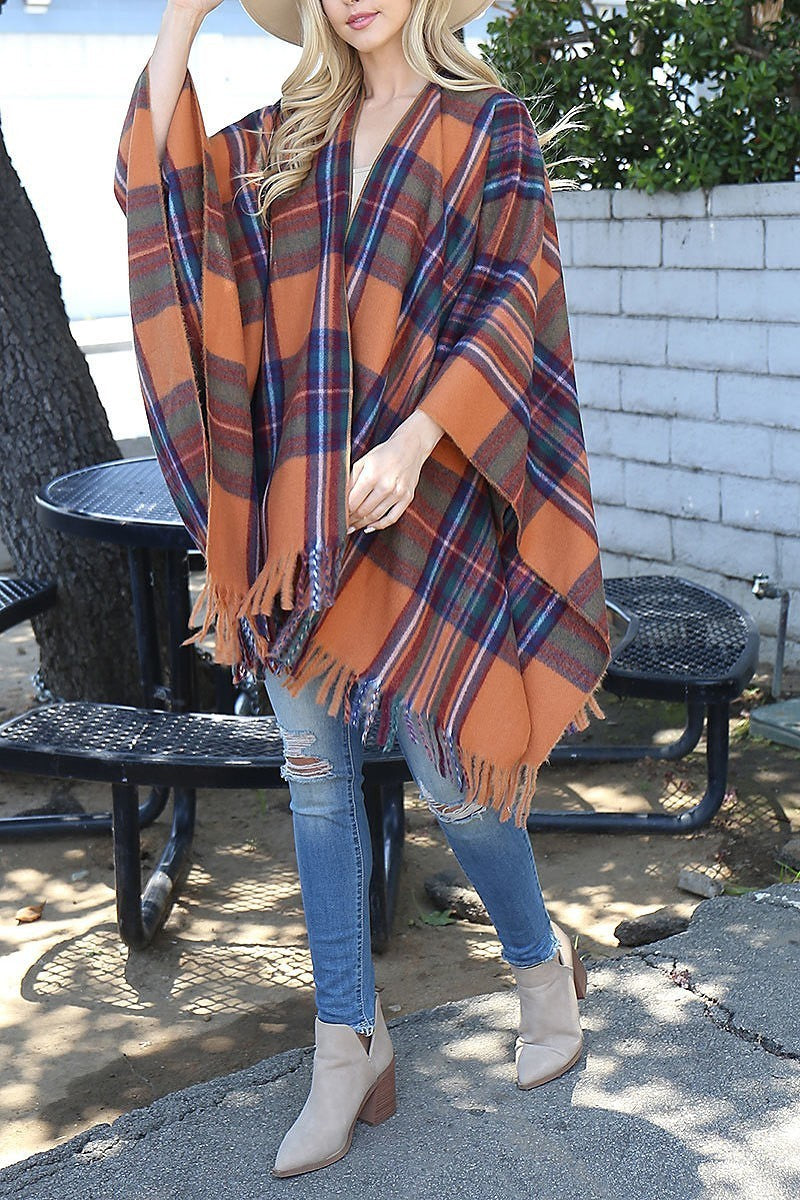 Plaid knit fringe open front kimono (DGS6072)