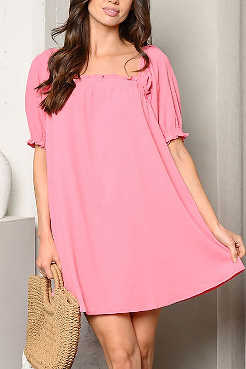 Short puff sleeve square neck tunic mini dress (EDWT9524)