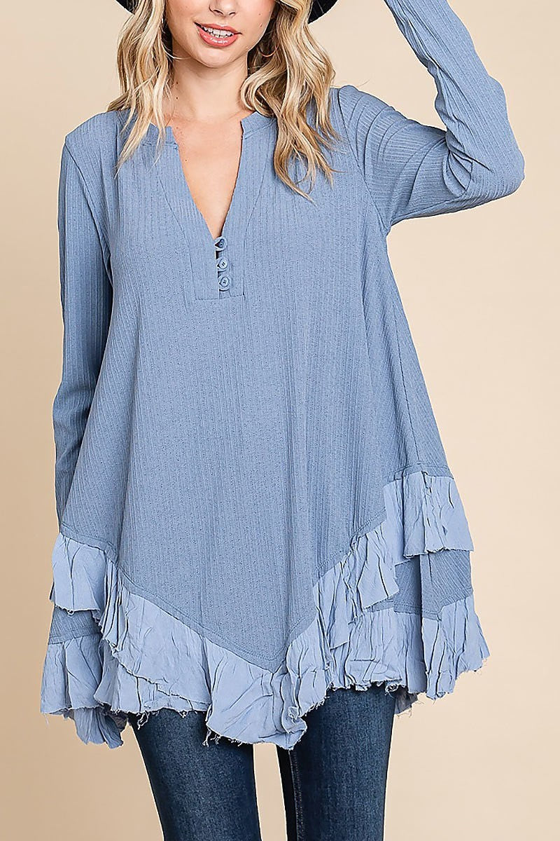 V neck button up detail mini dress (EDH1524)