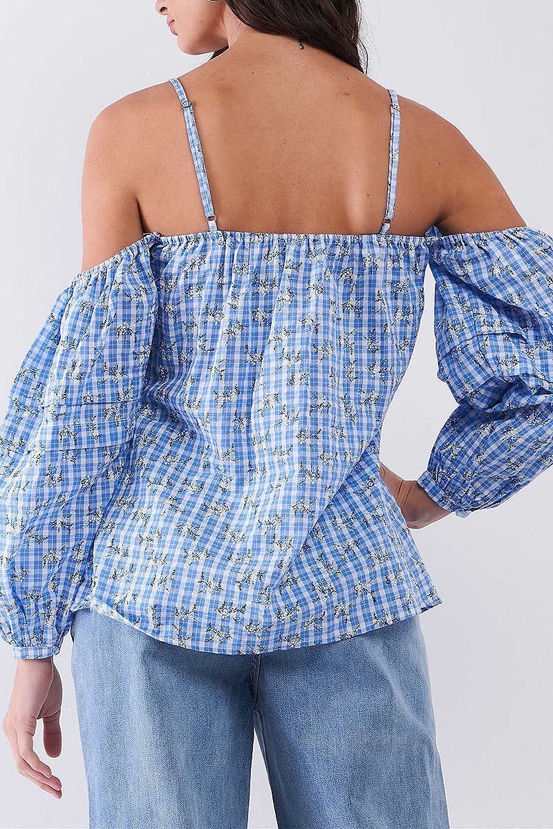 Off shoulder twist front bubble sleeve plaid floral top (TDG8128)