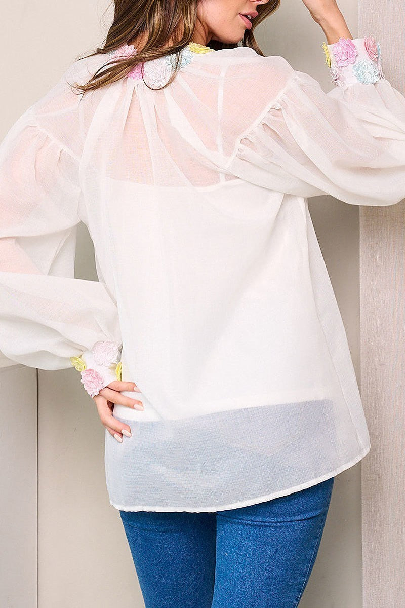 Long sleeve & tank top flower detailed blouse top (EFWT3792)