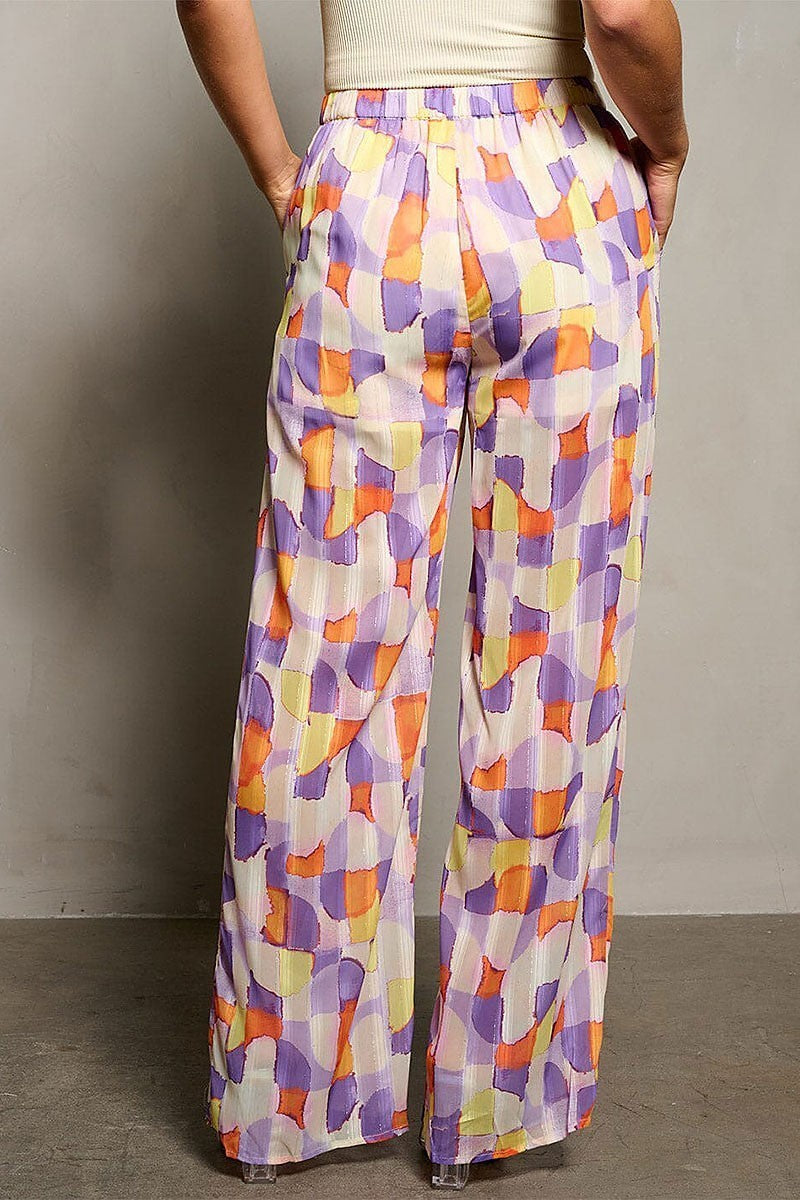 Button closure pockets wide leg multi print pants (EFWT9904)