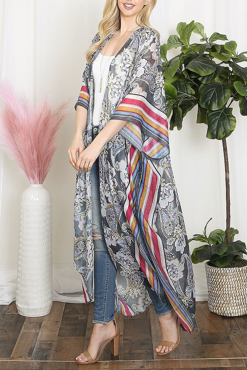 Paisley print with border line boho long kimono (EF5583)