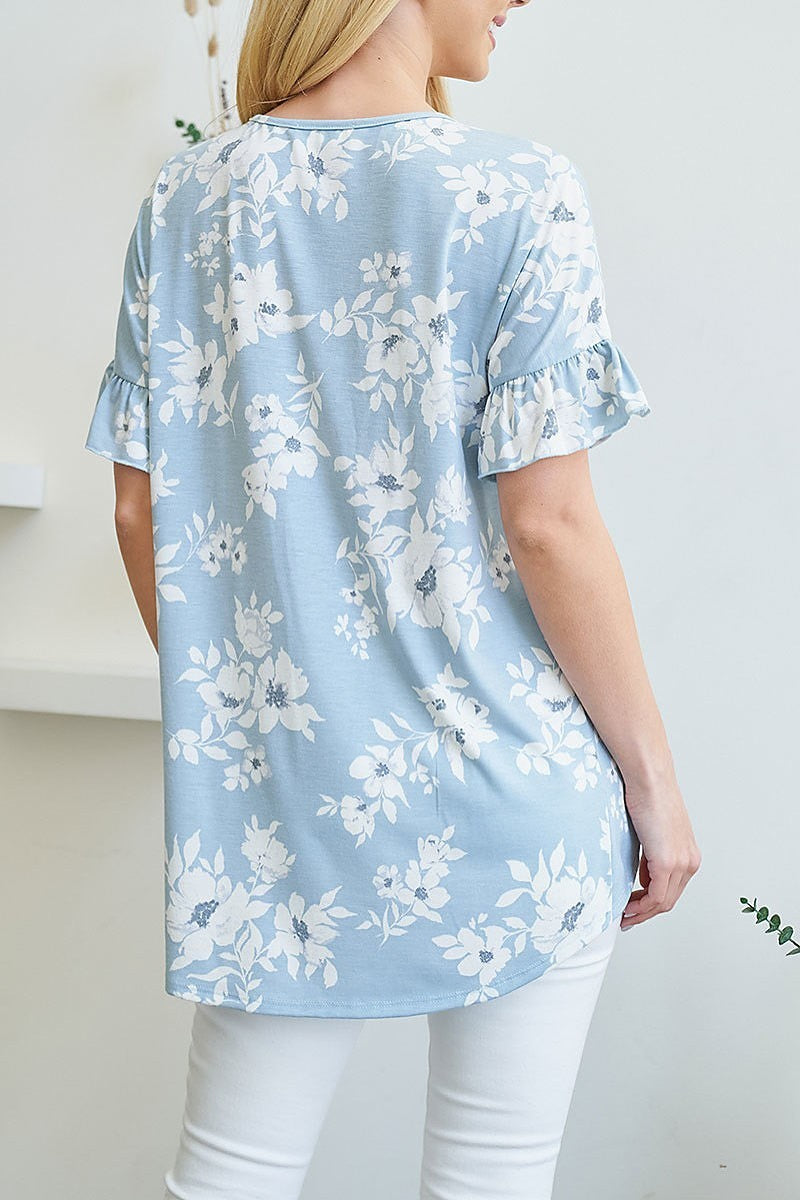 Ruffle sleeve hi low hem floral yoke top (EF3657)