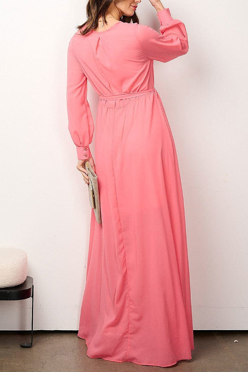 Long sleeve elastic waist surplice mesh maxi dress (EFWT6916)