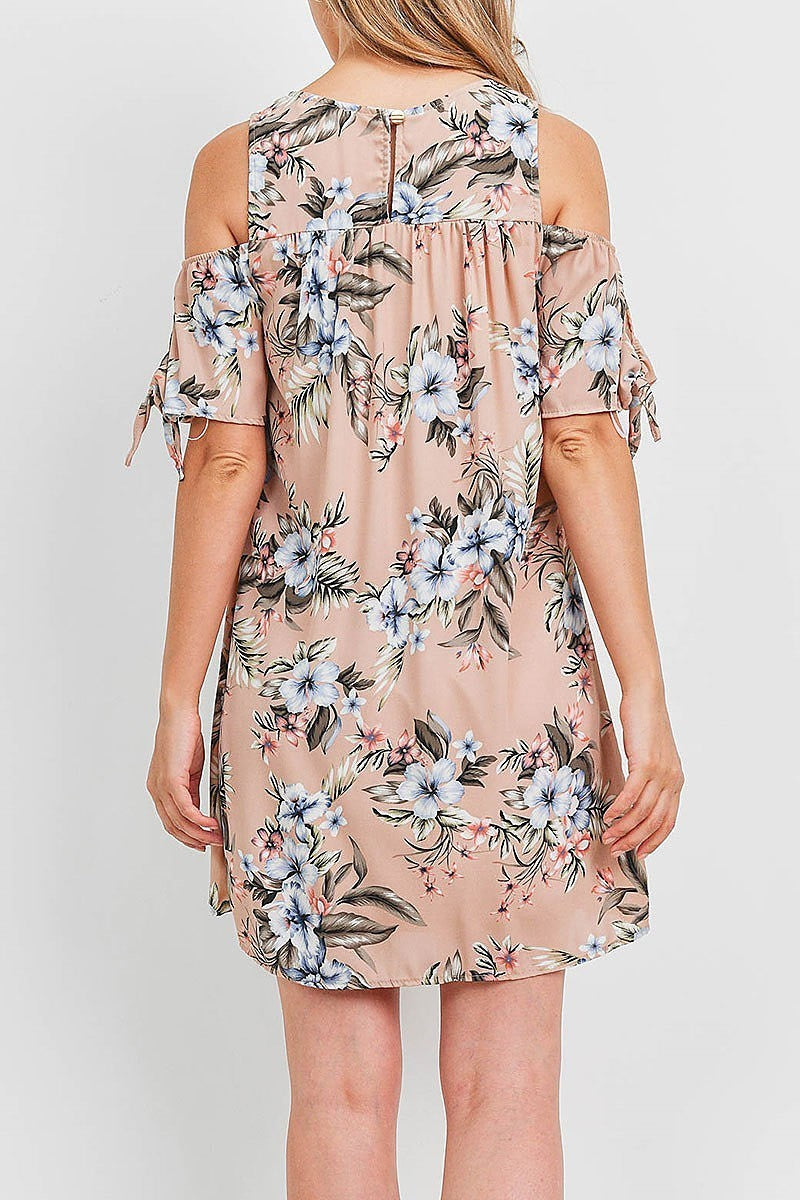 Cutout shoulder tie sleeve floral print dress (DED6703)