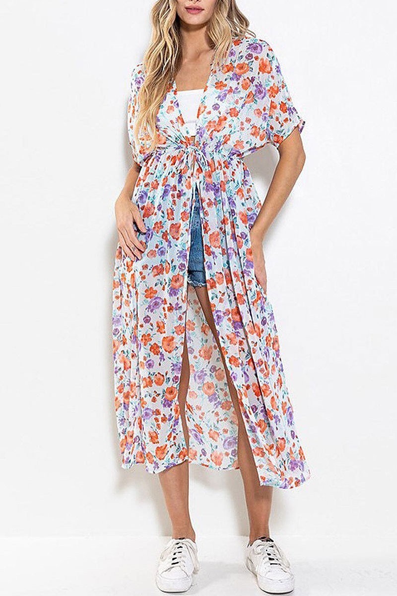 Short sleeve elastic waist floral kimono (EFWT7728)