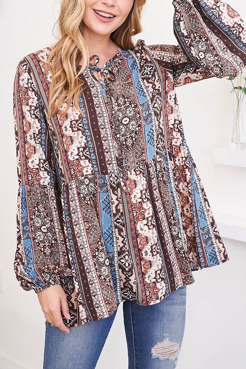 Keyhole ribbon detail puff sleeve printed top (EF2988)