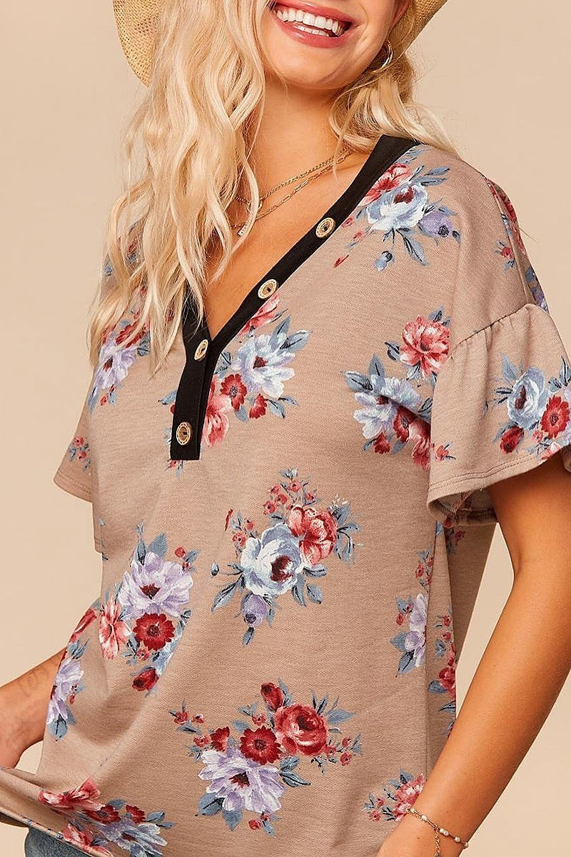 Floral v neck button ruffle bell sleeve blouse (EDBM5099)